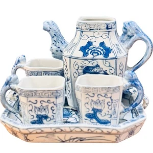 Blue & White Dragon Porcelain Teapot Set with Tray – Vintage 5 Piece - Picture 1 of 5