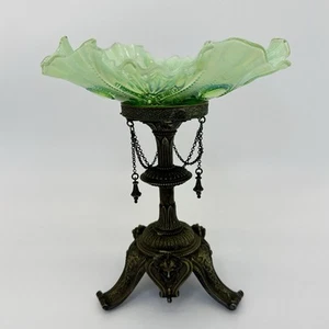 Antique Art Nouveau Jefferson Green Glass Centerpiece Bowl On Ornate Brass Stand - Picture 1 of 14