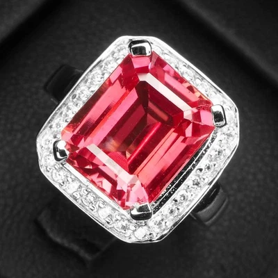 Anelli fatti a mano in argento sterling 925 7,06 ct baguette zaffiro rosa... - Immagine 1 di 4