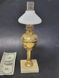 1880s Brass Miniature 7" Banquet Pedestal Oil Lamp Marbel Base & Shade Antique - Picture 1 of 14