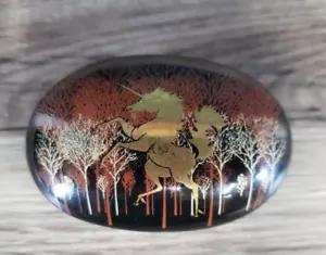 OTAGIRI JAPAN TRINKET BOX BLACK Golden Unicorn & Forest Design JEWELRY - Picture 1 of 10