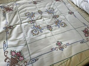 Vintage Needlepoint Cotton Tablecloth 40” 43”