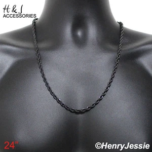 24"MEN Stainless Steel 5mm Black Plated Smooth Classic Rope Link Chain Necklace - Picture 1 of 3