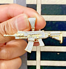 10k Yellow gold  Diamond AK 47 Rifle Gun Men's Charm Pendant 0.80ct , ak47 neckl