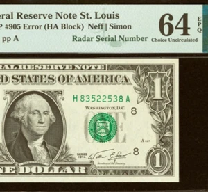 1974 $1 FRN St Louis PMG 64EPQ - Back Plate Error & Radar Serial Number 83522538 - Picture 1 of 5