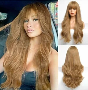 Long Strawberry Blonde Auburn Red Full Wig Human Hair blend layers bangs - Picture 1 of 5