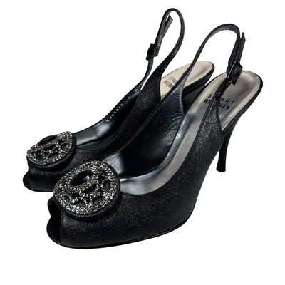 Stuart Weitzman Black Satin Crystal Embellished Slingback Peep Toe Heels Size 7 - Image 1 of 4