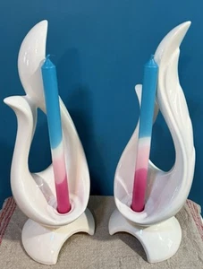 Pair JARU 90s Modernist XL 16" White Ceramic CANDLE Sconces DECO REVIVAL MINT - Picture 1 of 23