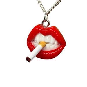 Unique HOT LIPS NECKLACE miniature CIGARETTE smoking PUNK gift boxed HANDMADE - Picture 1 of 3