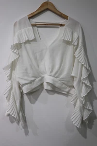 Sheike Women's Crop Blouse Size 12 White Sheer Pleated Sleeves V-Neck Good Cond. - Picture 1 of 13