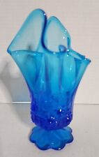 Vintage 7" Fenton Blue Ombre/Floral Patterned, Petal Footed, Handkerchief Vase