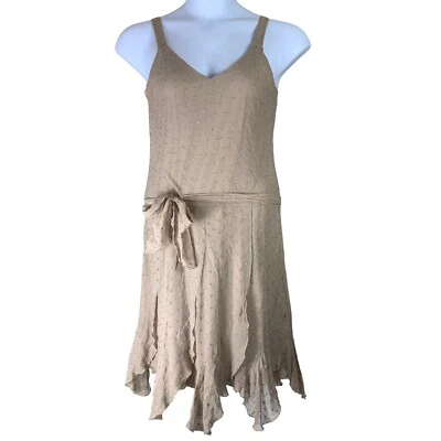 Vestido de Seda Jonathon Martin Talla 8 Beige Caqui Sin Mangas Forrado Corbata Cintura Alta Baja Foto 1 de 4