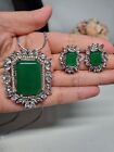 Indian Pakistani Silver Pendant And Earrings With Green And White Stones 