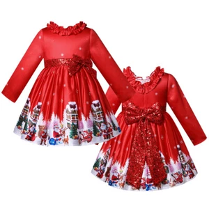 Red Christmas Dress for Girls Santa Snow Print Sequin Bow Long Sleeves Dress - Picture 1 of 16