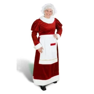 Mrs. Santa Costume Rich Dk Rd Velour Long Dress W/ Faux Fur Trim Apron & Cap M/L - Picture 1 of 9