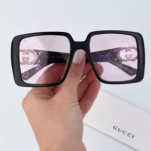 Gucci Women Sunglasses Black Pink Mirror Logo Square GG1692S 006 BRAND NEW - Picture 1 of 9