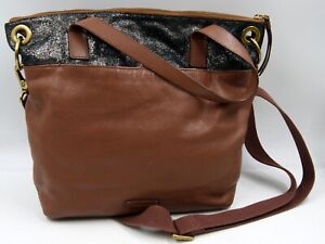 Fossil Keely Womens Handbag Brown Black Glitter Leather Top Handle Crossbody Bag