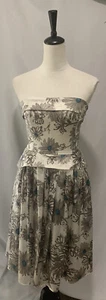 Vintage Betsey Johnson Schößchen trägerloses Kleid 8 grau creme türkis Blumen Seide - Bild 1 von 16
