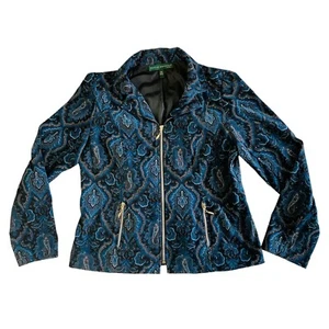 Harve Benard Women's Vintage Zip Up Jacket Blue Paisley Size PM Petite Medium 90 - Picture 1 of 9