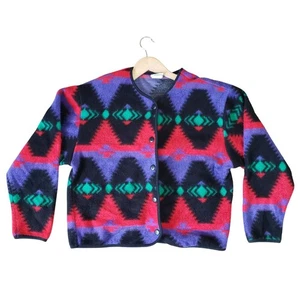 Vintage 90s David Wayne Navajo Style Aztec Print Button Up Cardigan Sweater Cozy - Picture 1 of 5