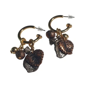 Vintage Gold Brass Hoop Earring Copper Silver Leaf Ball Charms Retro Fall Design - Picture 1 of 3