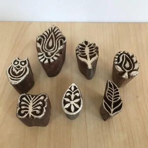 Wooden Fabric Printing Block Stamps x 7 Hand Carved Owl Leaf Flower Butterfly - Picture 1 of 8
