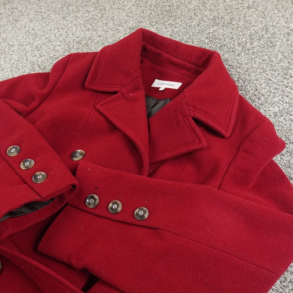 Calvin Klein Coat Womens 16 Red Wool Blend Belted Double Breasted Peacoat Jacket - Image 1 of 4