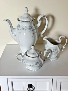 Johann Haviland Blue Garland Bavaria Germany Coffee Pot Creamer Sugar Bowl Lot - Picture 1 of 24