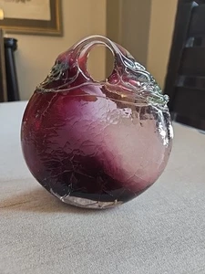 Loren Chapman Art Glass Hand Blown Vase Purple Clear Green Signed 5.25" x 5" W - Picture 1 of 12