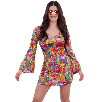 Ladies 60s 1960s Rainbow Peace Hippy Fancy Dress Costume Dress Hippie by Smiffys - Image 1 of 4