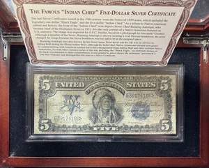 1899 $5 Silver Certificate Indian Chief Large Note w/ Wood Presentation Box - Picture 1 of 6