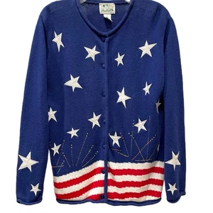 Vintage The Quacker Factory Womens Small Patriotic Cardigan Stars Stripes Flag - Picture 1 of 11