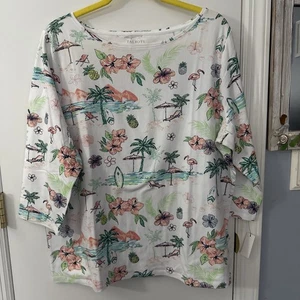 NEW! Women’s Plus Talbots Tropical/Beach 3/4 Sleeve Top - White w/Multi Size 2X - Picture 1 of 8