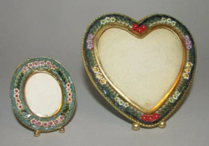 TWO Vintage Micro Mosaic Floral Picture Frames Italy 2.5" Heart, 1.5" Oval - Picture 1 of 12