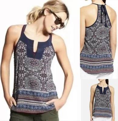 Camiseta sin mangas Athleta azul/multi medallón dunas halter Wm XS cuello trasero borla corbata Foto 1 de 4