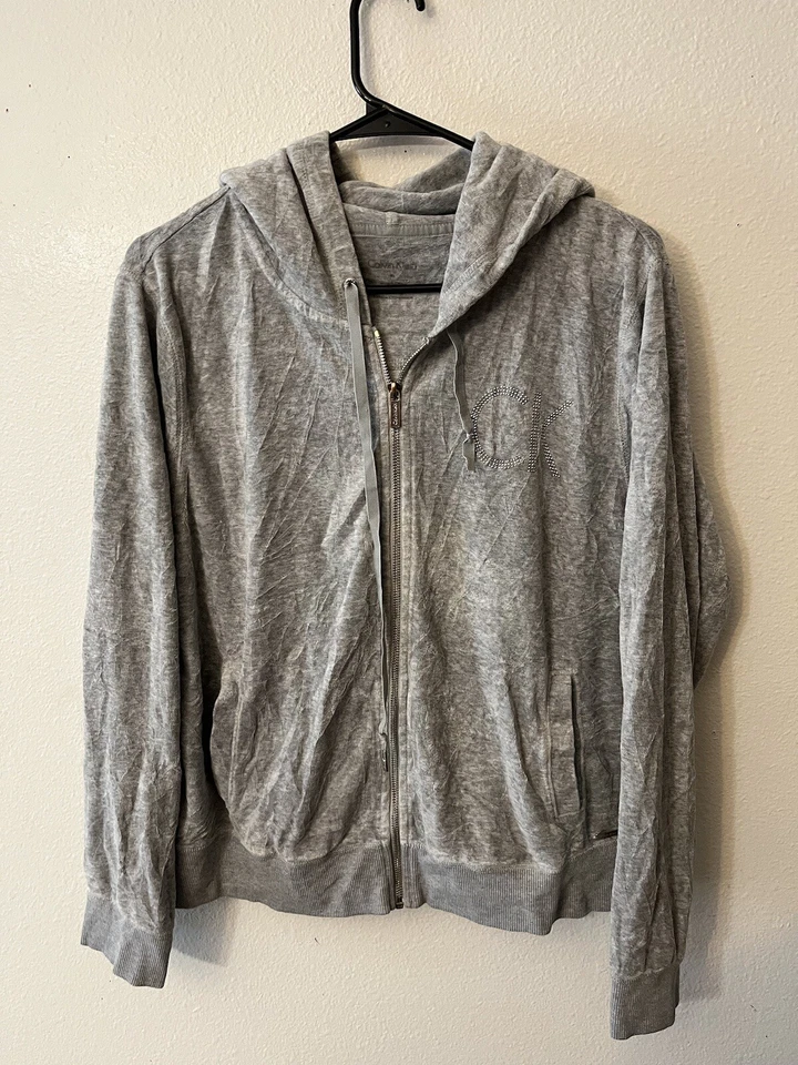 Calvin Klein Women's Rhinestone Logo Velour Hoodie Size XL Gray - Image 1 of 4