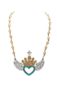 Bead Necklace Blue Crystal Angel Wings Heart Crown Cross 22" - Picture 1 of 8