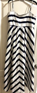 Jessica Simpson Maternity Dress Sz L White Navy Blue Stripe Strapless Zip Maxi - Picture 1 of 6