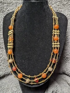 Vintage Orange And Golden Beaded Necklace 17" - Picture 1 of 5