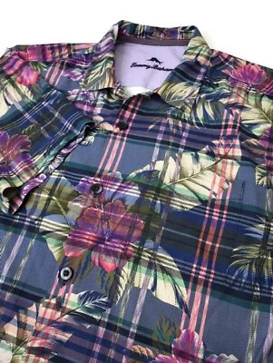 Tommy Bahama Short Sleeve Shirt Huladays Plaid Ocean Deep Purple Floral Medium - Image 1 of 4