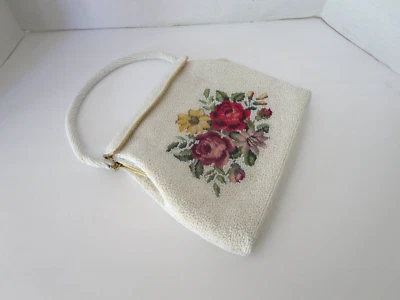 Vintage White Seed Bead Floral Needlepoint Evening Bag Purse Handbag Hong Kong - Image 1 of 4