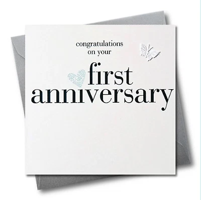 CLAIRE GILES RETAIL 1st Wedding Anniversary Card, Silver Heart, fabric butterfly Embellished