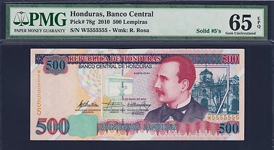 Honduras 500 Lempiras 2010 SOLID Serial 5555555 Pick-78g GEM UNC PMG 65 EPQ - Image 1 of 2