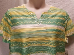 Alfred Dunner Woman Short Sleeve VNeck Top TShirt Plus Size 1x Green Gold Sequin - Picture 1 of 6