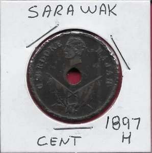 SARAWAK,BRITISH PROTECTORATE 1 CENT 1897-H (SOME RIM DAMAGE)HEAD LEFT ABOVE HOLE - Picture 1 of 2