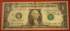 $1 One Dollar Bill Series 2009 Low Serial Number F00014174F - Picture 1 of 2