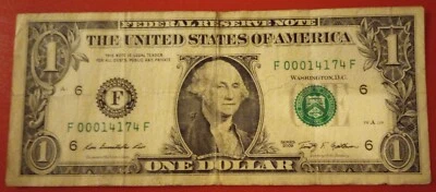 $1 One Dollar Bill Series 2009 Low Serial Number F00014174F - Image 1 of 2