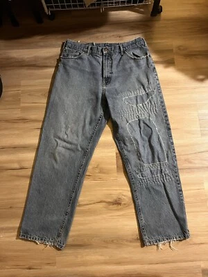 Jeans vintage holgados lavados a la piedra parche Sashiko reparación 32x28 gorra roja Foto 1 de 4