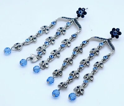 3.25" Long blue Rhinestone 3 Line Dangling Chandelier fashion party Earrings #3 - Image 1 of 4