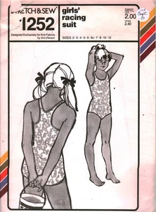 1252 Stretch & Sew Vintage Sewing Pattern Girls 1980s Racing Suit Bathing Swim - Picture 1 of 2